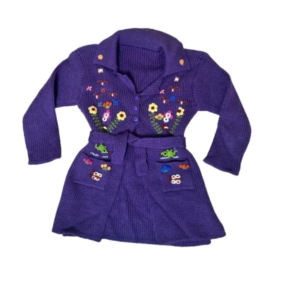 Vintage Baby Toddler Sweater Coat with Embroidered Flowers Size 2T